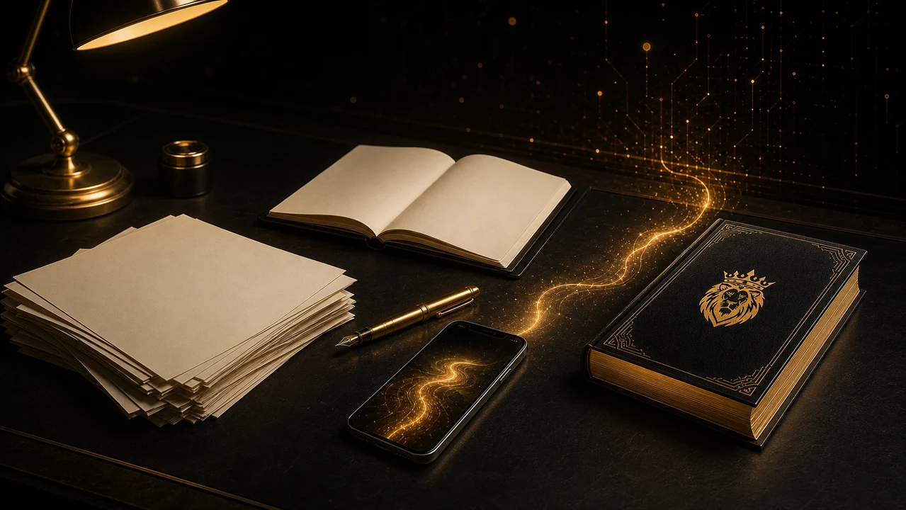 Mesa editorial com manuscrito, livro e ferramentas digitais conectadas
